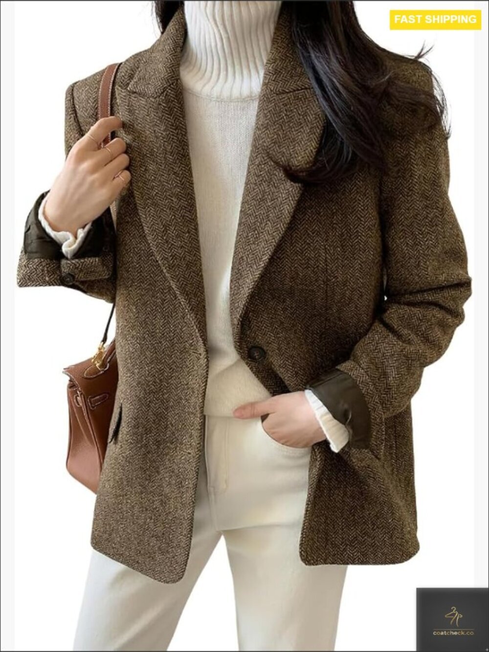 Wool Blend Blazer Classic Elegant Work Coat Notch Lapel Long Sleeve Mid Thigh